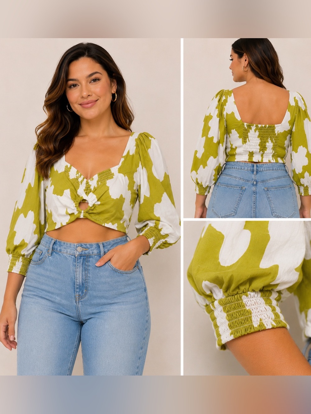 NWT Future Collective x Alani Noelle Green Floral Puff Sleeve Crop Top L